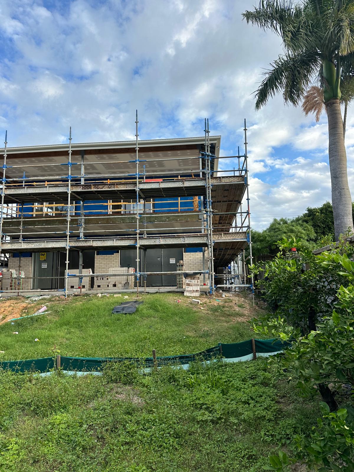 Side view of residential scaffolding beside a palm tree